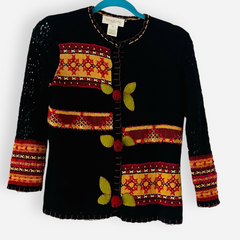 Vintage Susan Bristol Sweater Cardigan Petites S Floral Embroidered 3/4 Sleeve‎